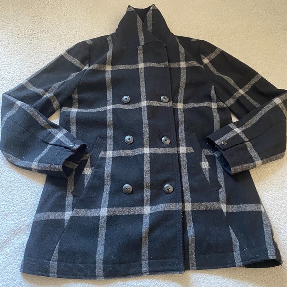 Gap Long Sleeve Jacket Black Women's Size Medium Collared Plaid‎ Peacoat Button - Picture 1 of 12